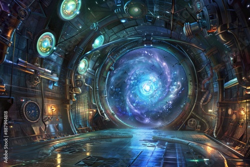 An empty stage in a time-traveling machine, with a metallic floor, and a swirling vortex of colors as the backdrop. 