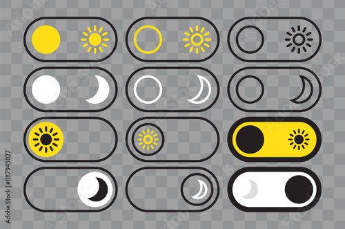 Day and night icons, day and night icon set, day and night vector, thin line, outline, stroke, day and night switch, dark mode, light mode, on and off switch, sun and moon concept, transparent.