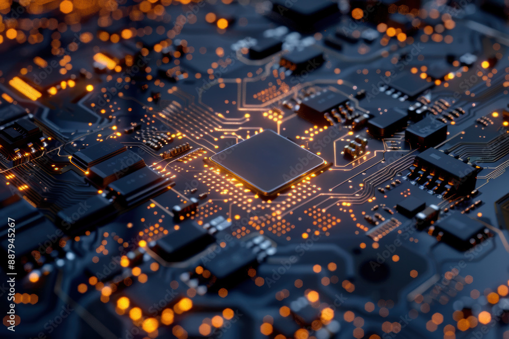 Glowing circuit board with microchips and electronic components. Orange lights highlighting pathways and connections on the motherboard Glowing circuit board with microchips and electronic components. Orange lights highlighting pathways and connections on the motherboard