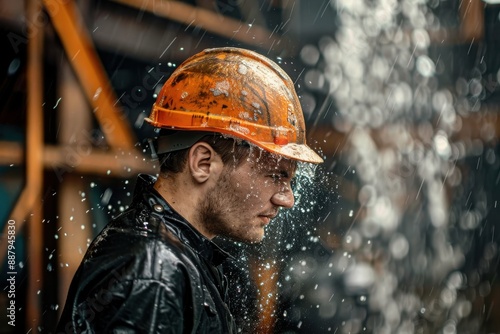 A construction worker wearing a rain-drenched safety jacket and orange hard hat stands under pouring rain, emphasizing the harsh weather conditions faced on the job.