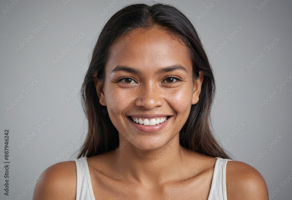 Portrait view of a regular happy smiling Kiribati woman, ultra realistic, candid, social media, avatar image, plain solid background Portrait view of a regular happy smiling Kiribati woman, ultra realistic, candid, social media, avatar image, plain solid background