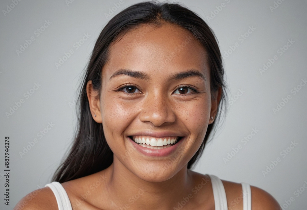 Portrait view of a regular happy smiling Kiribati woman, ultra realistic, candid, social media, avatar image, plain solid background Portrait view of a regular happy smiling Kiribati woman, ultra realistic, candid, social media, avatar image, plain solid background