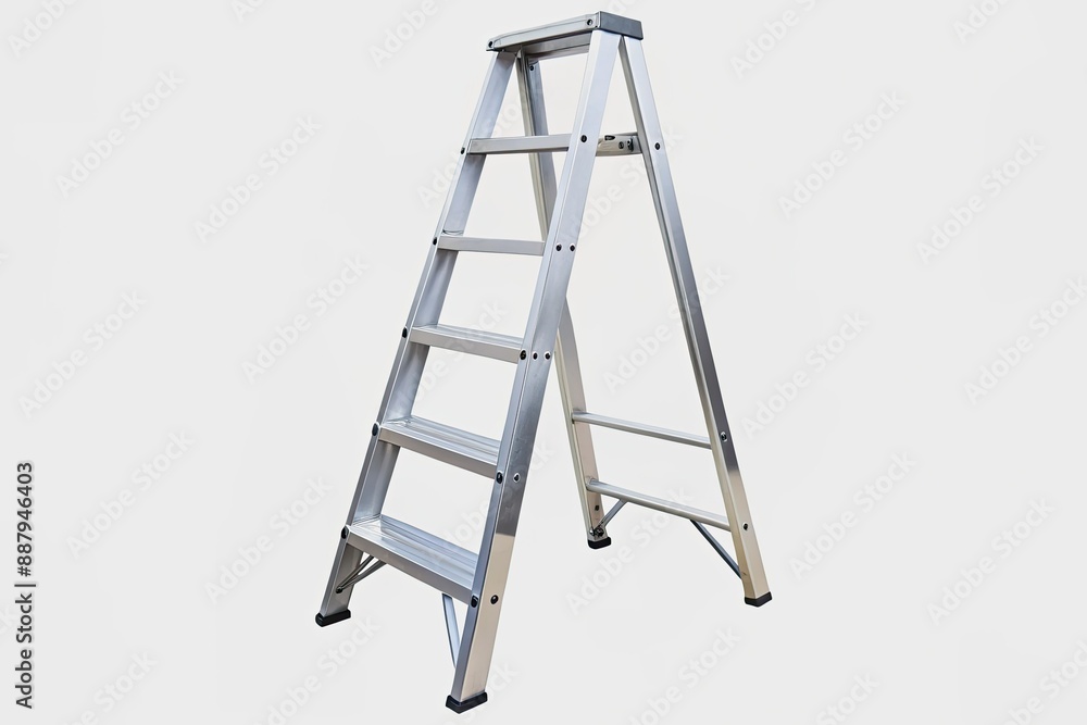 A sleek and sturdy aluminium platform ladder isolated on a white background, showcasing its durable steps and railing, perfect for industrial or commercial use. A sleek and sturdy aluminium platform ladder isolated on a white background, showcasing its durable steps and railing, perfect for industrial or commercial use.