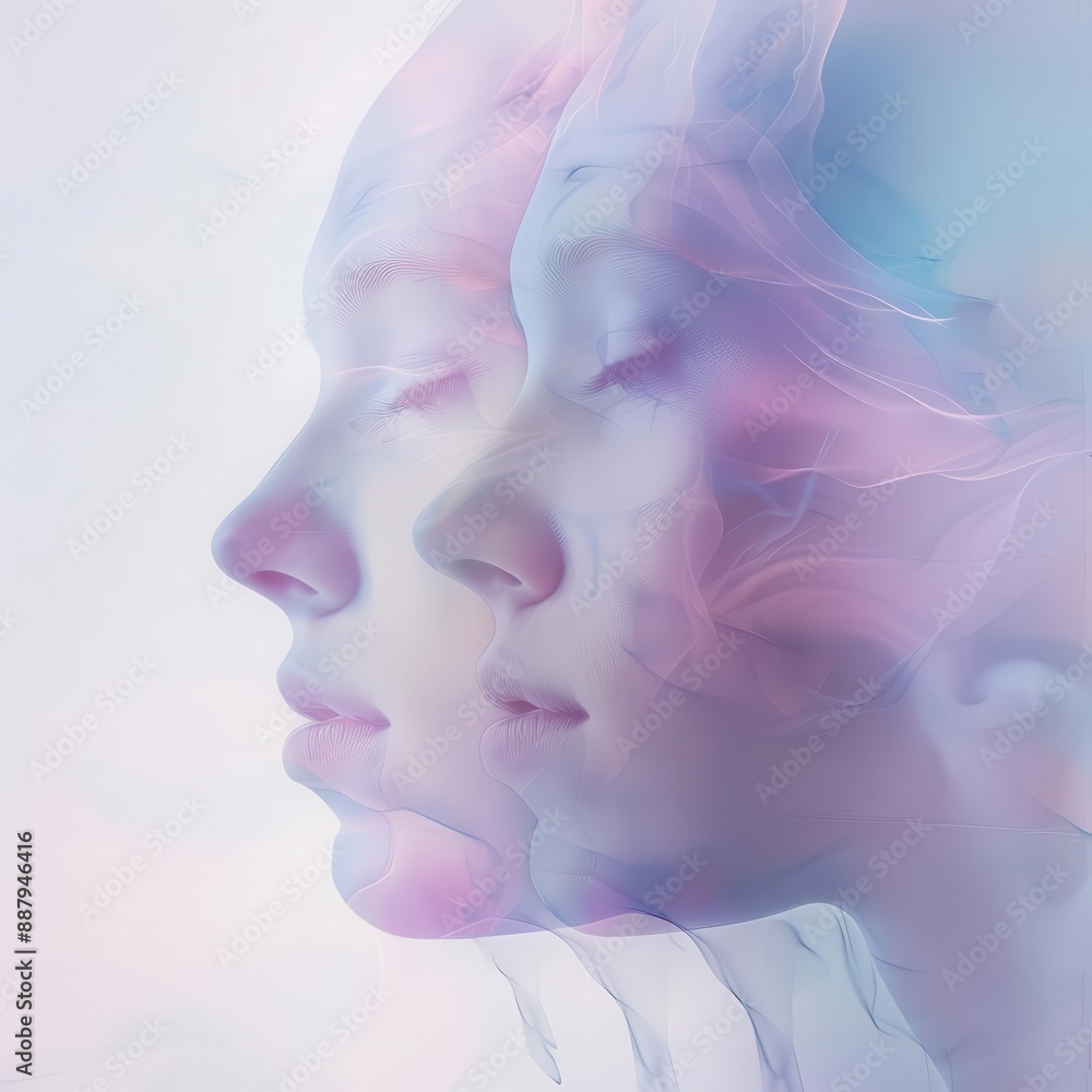ethereal portrait of translucent overlapping faces soft dreamy color palette spiritual and introspective mood exploring concepts of identity and consciousness ethereal portrait of translucent overlapping faces soft dreamy color palette spiritual and introspective mood exploring concepts of identity and consciousness