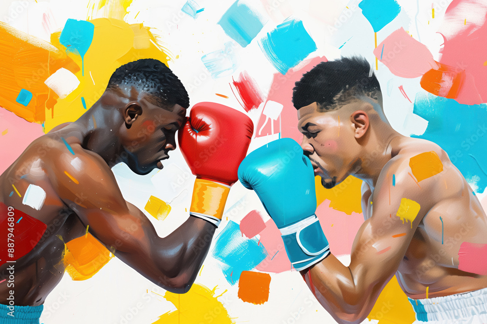 Abstract painting of two boxers facing off in a match, capturing the ...