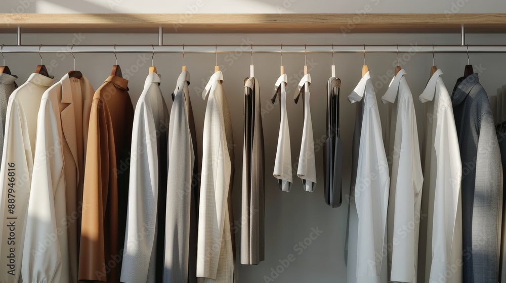 Minimalistic Closet Organization with Selected Fashion Items in Close-up View Minimalistic Closet Organization with Selected Fashion Items in Close-up View
