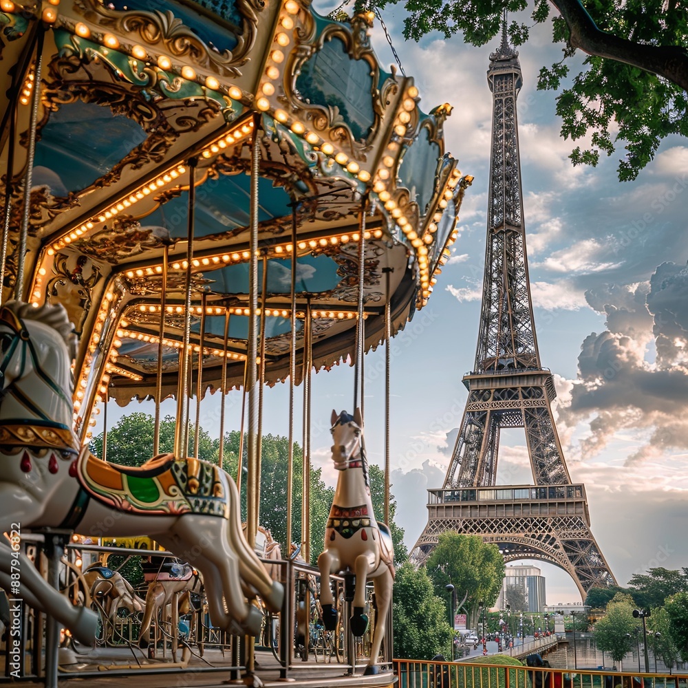 Paris, France; 25 July, 2022: iconic carousel and Eiffel tower, close up view, in the city of Paris, France. Paris, France; 25 July, 2022: iconic carousel and Eiffel tower, close up view, in the city of Paris, France.