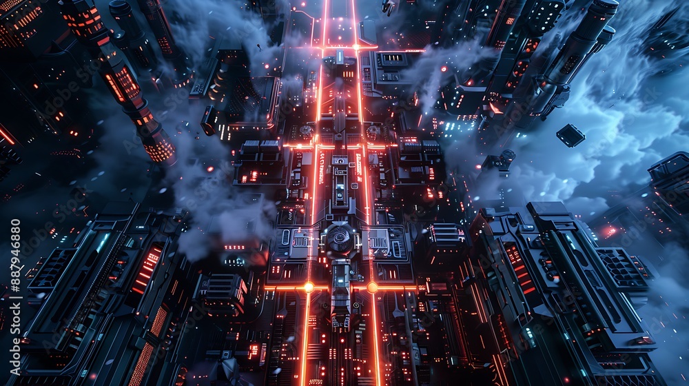 Obraz premium Futuristic Cityscape with Red Glowing Lines