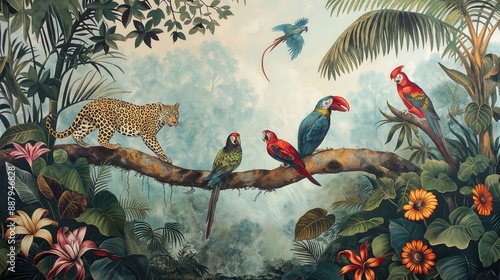 Fototapeta Naklejka Na Ścianę i Meble -  Vintage wallpaper of rainforest with leopards and colorful parrots, pastel color, oil painting style. 