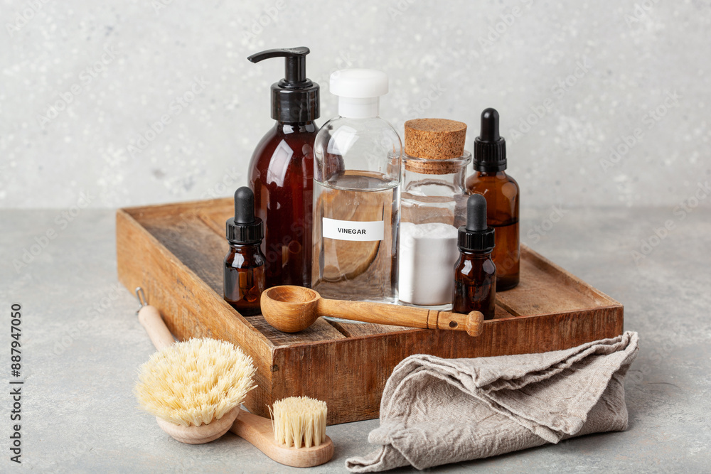 zero waste eco friendly cleaning concept. wooden brushes, baking soda, vinegar