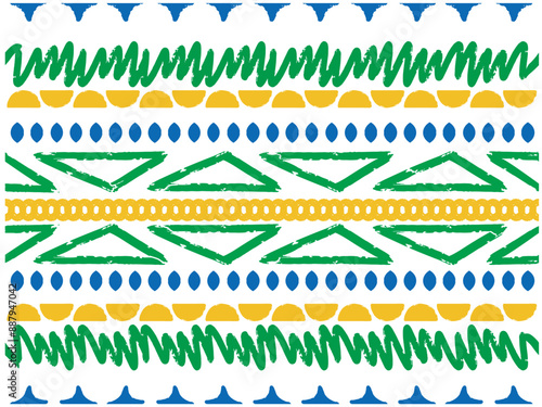 Seamless pattern of geometric and abstract elements in the colors of the Brazilian flag which are green, yellow and blue. Transparent background