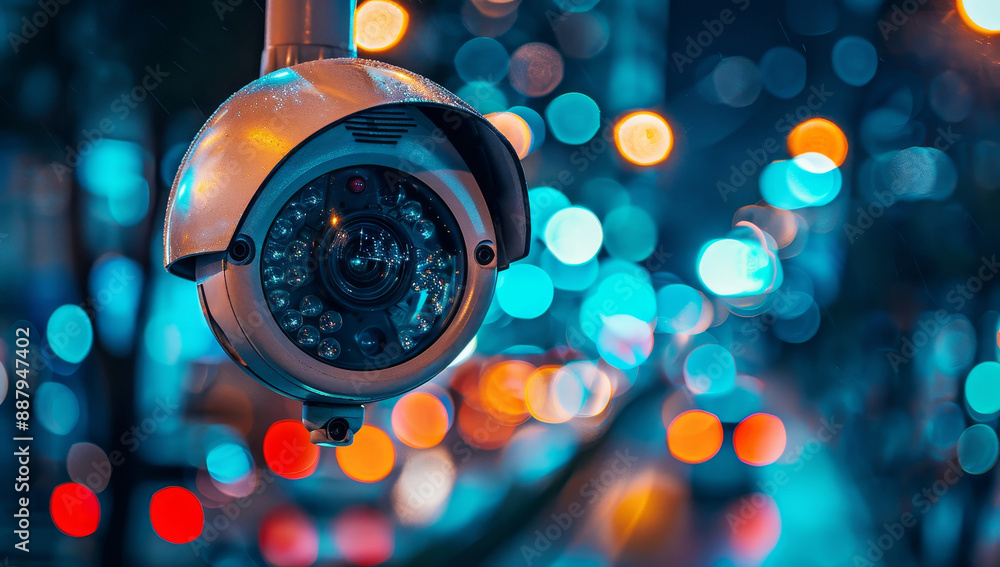 Close-up of CCTV camera with colorful night city lights in background for security monitoring Close-up of CCTV camera with colorful night city lights in background for security monitoring