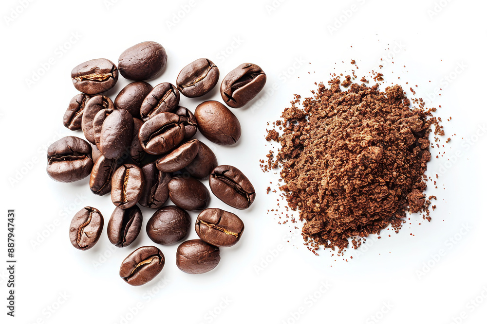 Whole coffee beans and ground coffee on a white background