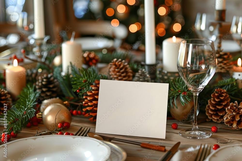 Blank greeting card on a festive holiday table with decorations Blank greeting card on a festive holiday table with decorations