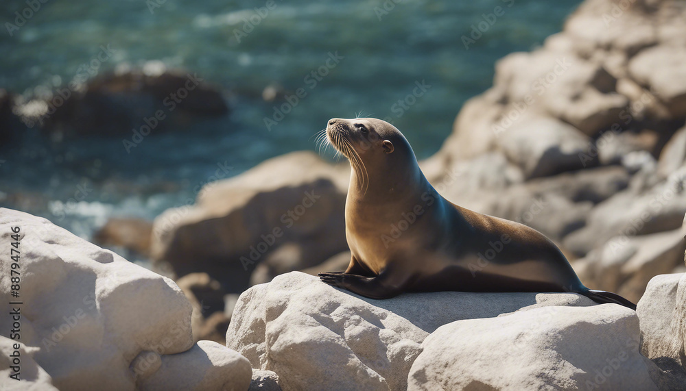 Fototapeta premium A sea lion basking on the rocks, bright midday 