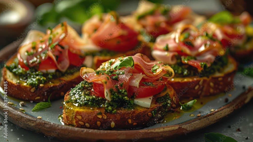 Gourmet Bruschetta with Prosciutto, Tomatoes, and Pesto Gourmet Bruschetta with Prosciutto, Tomatoes, and Pesto