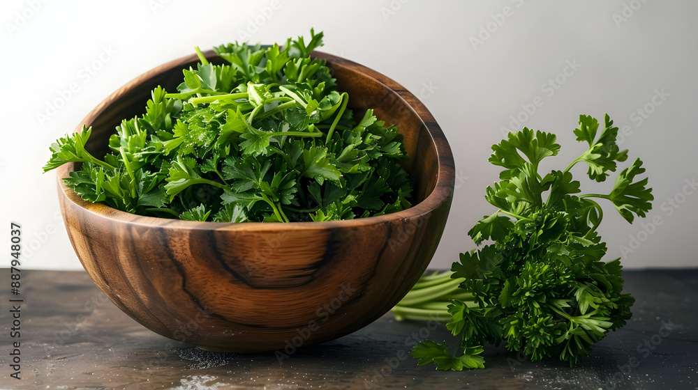 A wooden bowl filled with various green vegetables and a bunch of fresh parsley A wooden bowl filled with various green vegetables and a bunch of fresh parsley
