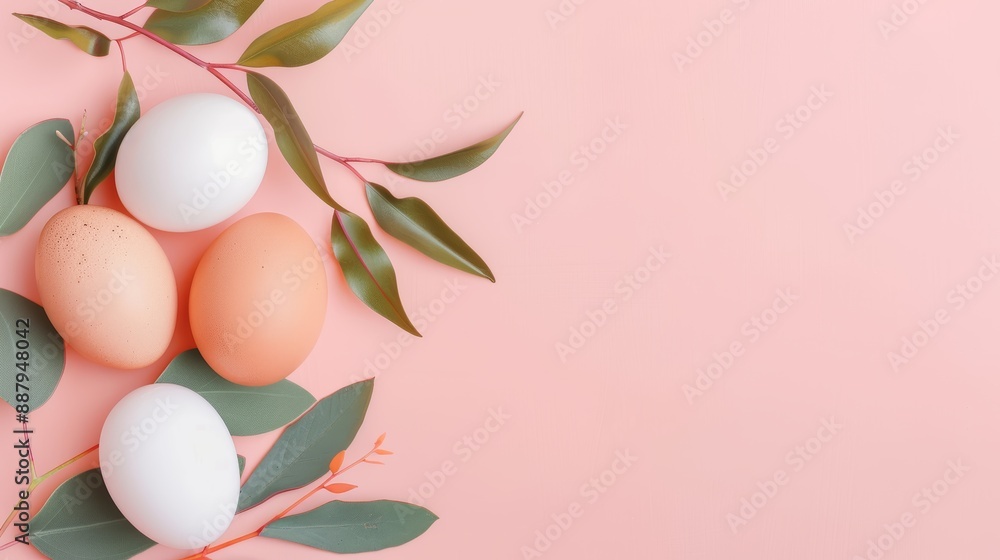 Chicken eggs on a soft-colored background with branches and leaves, symbolizing natural beauty, high-resolution photo, cinematography Chicken eggs on a soft-colored background with branches and leaves, symbolizing natural beauty, high-resolution photo, cinematography