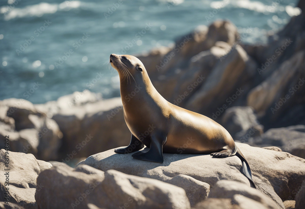 Fototapeta premium A sea lion basking on the rocks, bright midday 