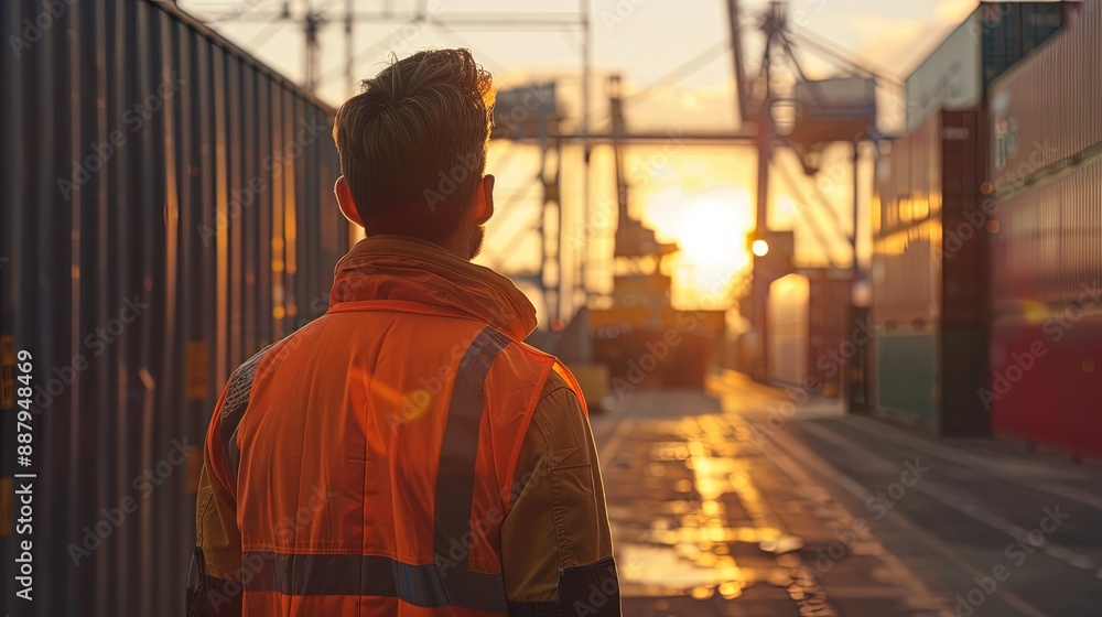 Port Worker Overseeing Cargo Operations at Sunset Port Worker Overseeing Cargo Operations at Sunset