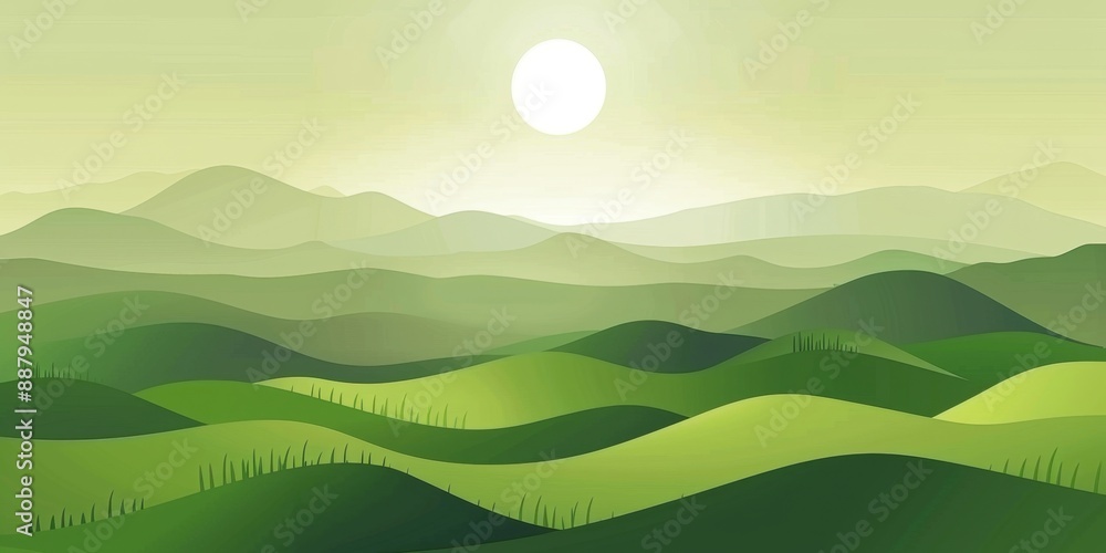 Obraz premium Abstract Green Landscape Wallpaper with Hills and Mountains, Beautiful Nature Scenery, Ideal for Spring-Themed Articles, Publications, Marketing Campaigns, and Advertising Backgrounds, AI-Generated, 4