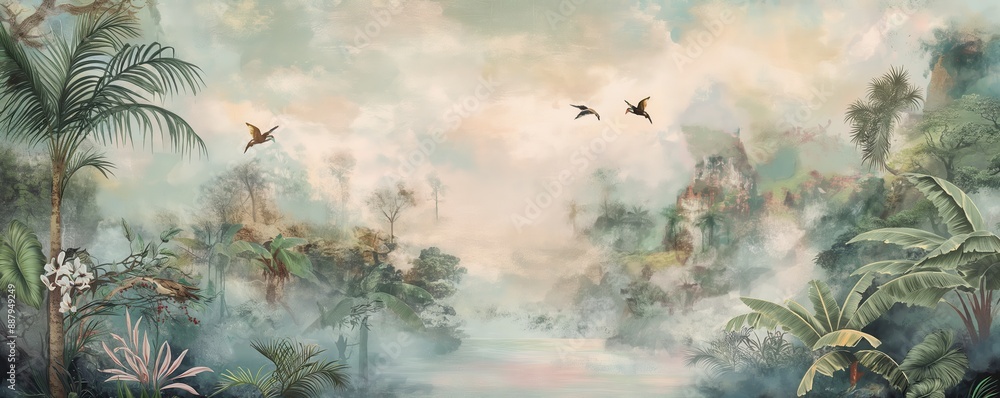 Fototapeta Vintage wallpaper of rainforest with pastel colors, featuring birds and deer in the background, oil painting.
