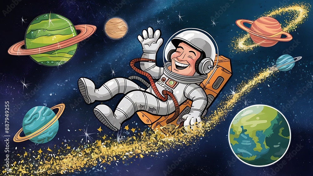 Naklejka premium cute white cartoon astronaut flying in zero gravity space wallpaper