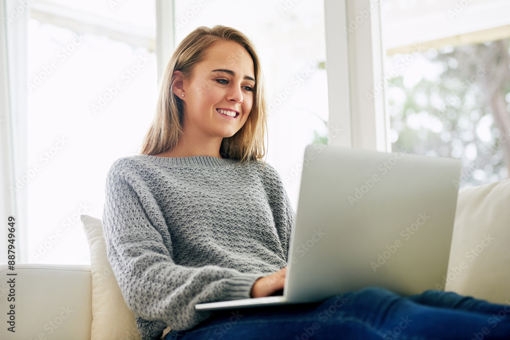 Naklejka premium Remote work, woman and happy with laptop for news, research and email at home. Female student, smile and computer in living room for job searching, internship opportunity and feedback in Australia