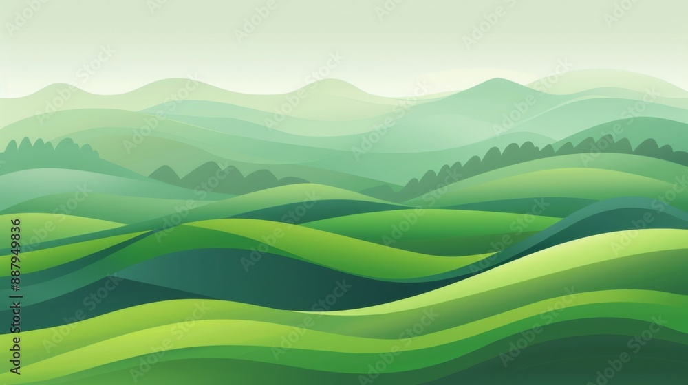 Obraz premium Abstract Green Landscape Wallpaper with Hills and Mountains, Beautiful Nature Scenery, Ideal for Spring-Themed Articles, Publications, Marketing Campaigns, and Advertising Backgrounds, AI-Generated, 4