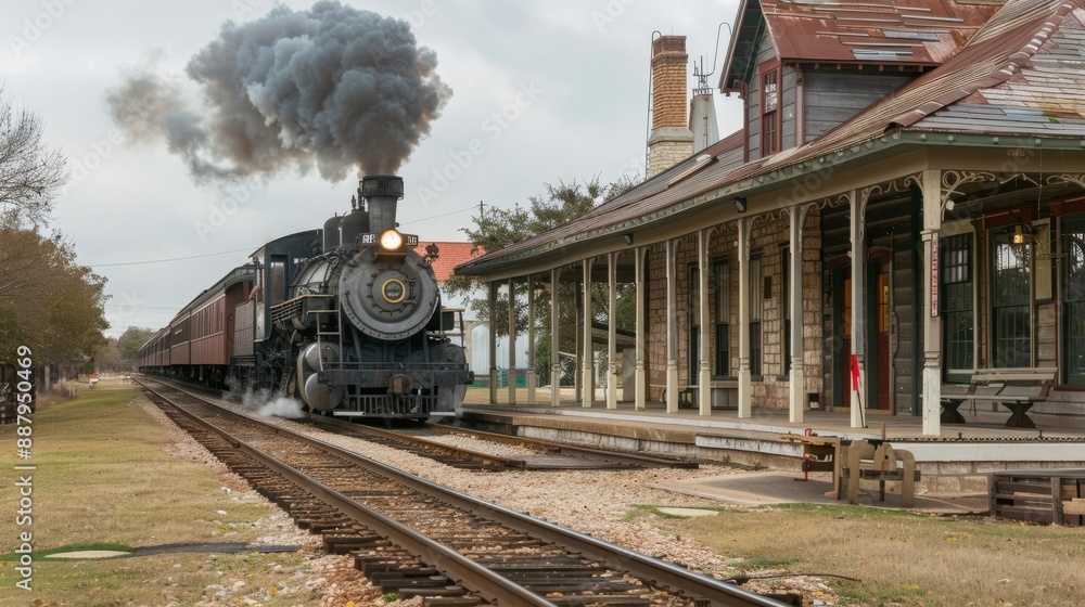 Obraz premium Cowboy Day Historic Train Station A historic train station with an old steam locomotive arriving