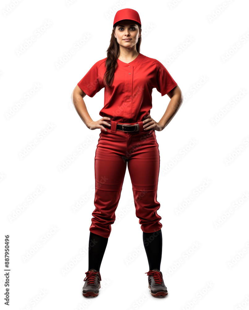 Confident female baseball player in red uniform standing with hands on hips Confident female baseball player in red uniform standing with hands on hips