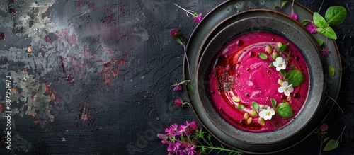 Beetroot and leek cream soup served as a rustic first course meal with copy space presented on a tabletop with a food background in a top view perspective