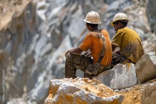 In an industrial scene, two construction workers sit on rocky terrain, taking a break from their labor-intensive work, with the background highlighting a rugged, natural landscape. photo