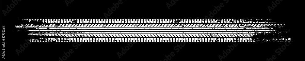 Fototapeta premium Grunge tire track, wheel braking marks. White truck, car or motorcycle tread pattern silhouette. Auto race, motorsport, speed racing design element. Vector illustration