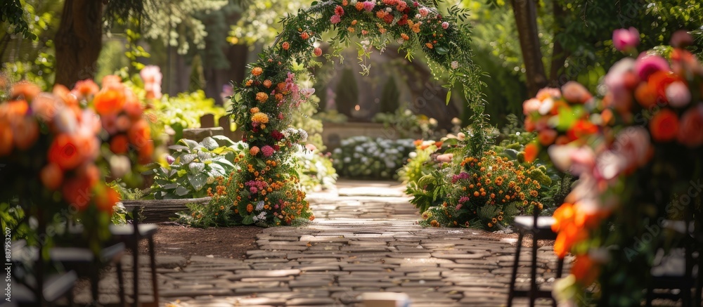 Outdoor garden venue for a wedding ceremony with a flower adorned arch as a focal point and space for text or image. Copy space image. Place for adding text and design Outdoor garden venue for a wedding ceremony with a flower adorned arch as a focal point and space for text or image. Copy space image. Place for adding text and design