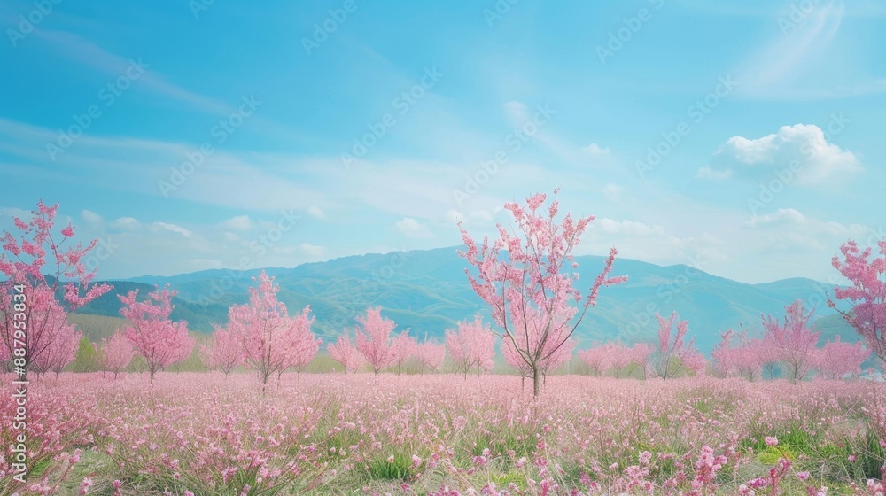 Pink Blossom Trees Field with Mountains and Blue Sky.