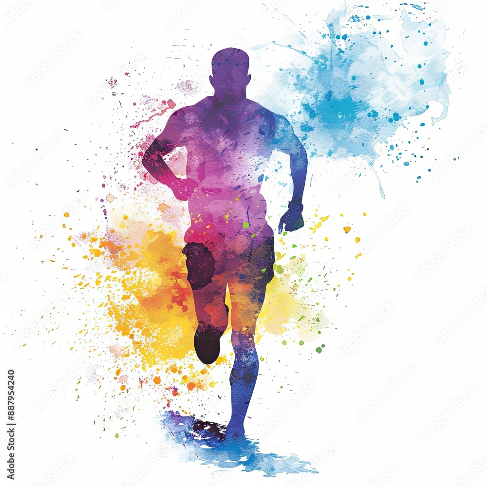 An artistic illustration of a runner, painted in a vibrant watercolor style with energetic splashes of color that convey movement and excitement on a white background. An artistic illustration of a runner, painted in a vibrant watercolor style with energetic splashes of color that convey movement and excitement on a white background.