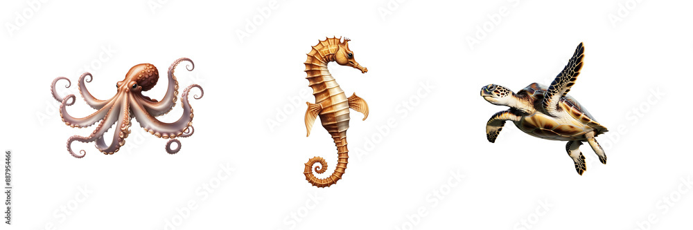 Set Of Octopus Seahorse And Turtle On Transparent Background, Sea Animals Set Set Of Octopus Seahorse And Turtle On Transparent Background, Sea Animals Set