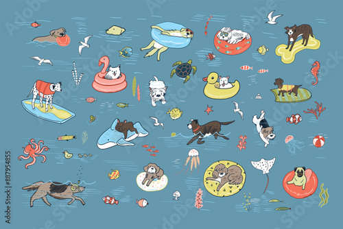 Dogs sea summer relax in lifebuoy, swimming pool illustartions set.
