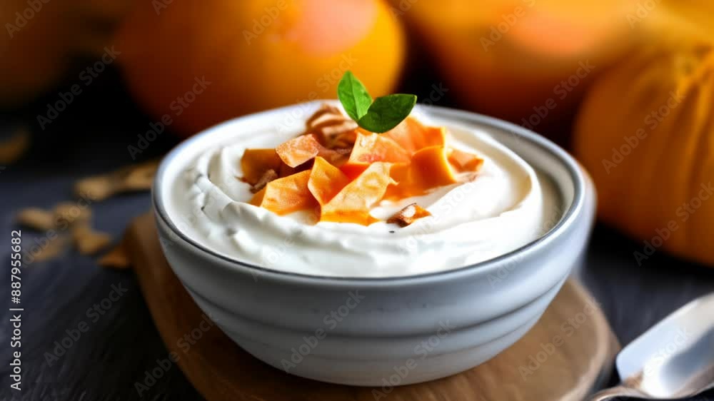 Deliciously fresh yogurt with orange slices and a sprinkle of nuts Deliciously fresh yogurt with orange slices and a sprinkle of nuts