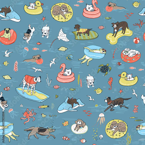 Dogs sea summer relax swimming pool vector seamless pattern.