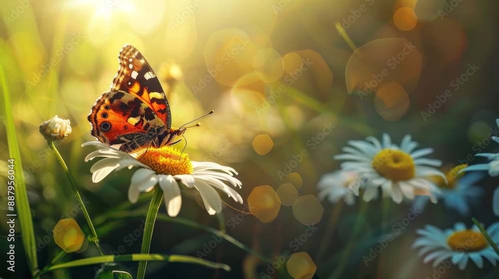 Butterfly on a Daisy in the Sunlight. Butterfly on a Daisy in the Sunlight.