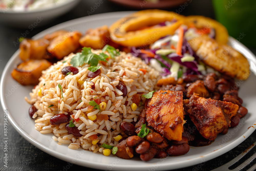 Belizean Rice and Beans, featuring fluffy rice cooked in coconut milk and mixed with tender red kidney beans, served alongside juicy stewed chicken Belizean Rice and Beans, featuring fluffy rice cooked in coconut milk and mixed with tender red kidney beans, served alongside juicy stewed chicken