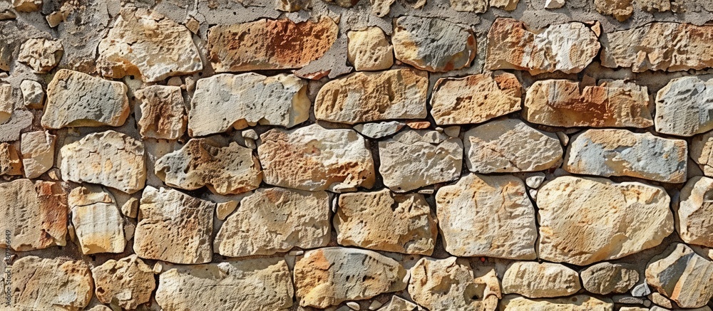Close up view of an aged rural house wall constructed with bricks and stones suitable as a backdrop with copy space image