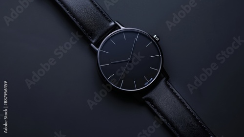 Wallpaper Mural Minimalist top view of a sleek black watch with metallic accents, set against a dark background, emphasizing its bold and elegant design Torontodigital.ca