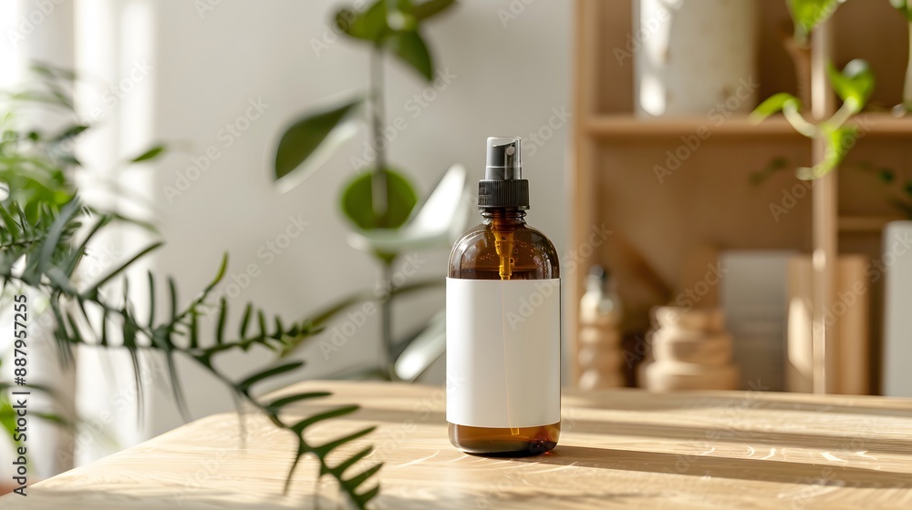 Blank Label Hand Sanitizer: A hand sanitizer bottle with no label on an entryway table.
Blank Label Hand Sanitizer: A hand sanitizer bottle with no label on an entryway table.