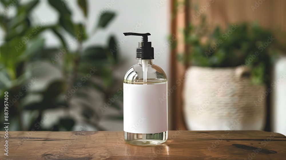 Blank Label Hand Sanitizer: A hand sanitizer bottle with no label on an entryway table.
Blank Label Hand Sanitizer: A hand sanitizer bottle with no label on an entryway table.
