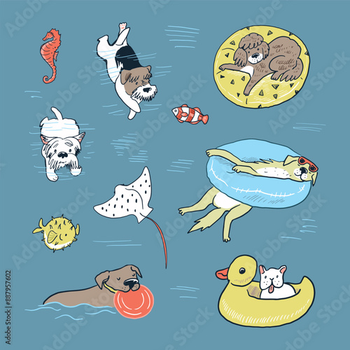 Set of cute cartoon dogs swimming in the sea. Vector illustration.