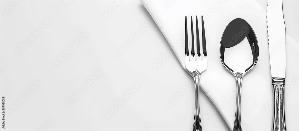 Silver steel cutlery on a white backdrop with copy space image Silver steel cutlery on a white backdrop with copy space image