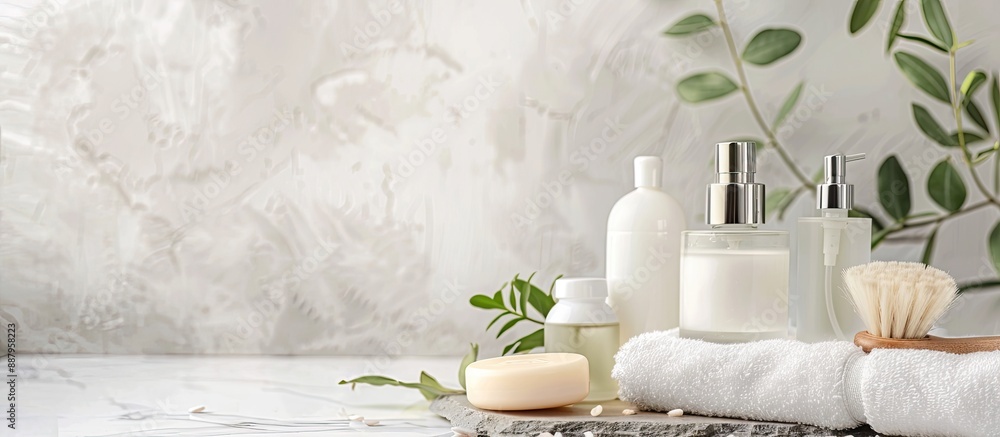 Beauty products arranged elegantly in a spa setting with copy space image Beauty products arranged elegantly in a spa setting with copy space image